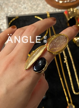 KHEMIA 安格集合店 24新款天然金发晶黑玛瑙开口戒指/手镯/耳环