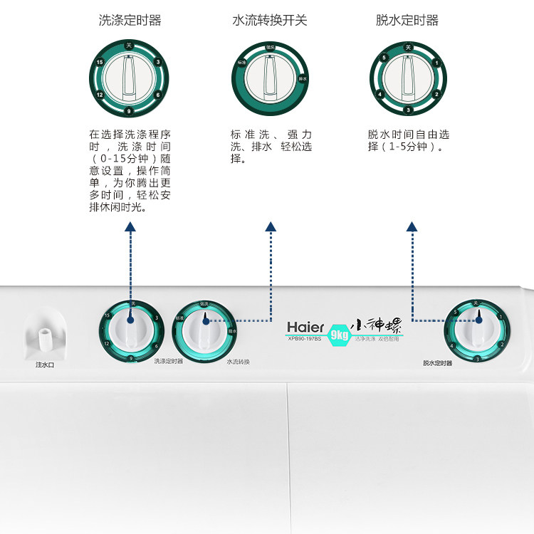 海尔9公斤半自动小神螺家用洗衣机 海尔智享云家洗衣机