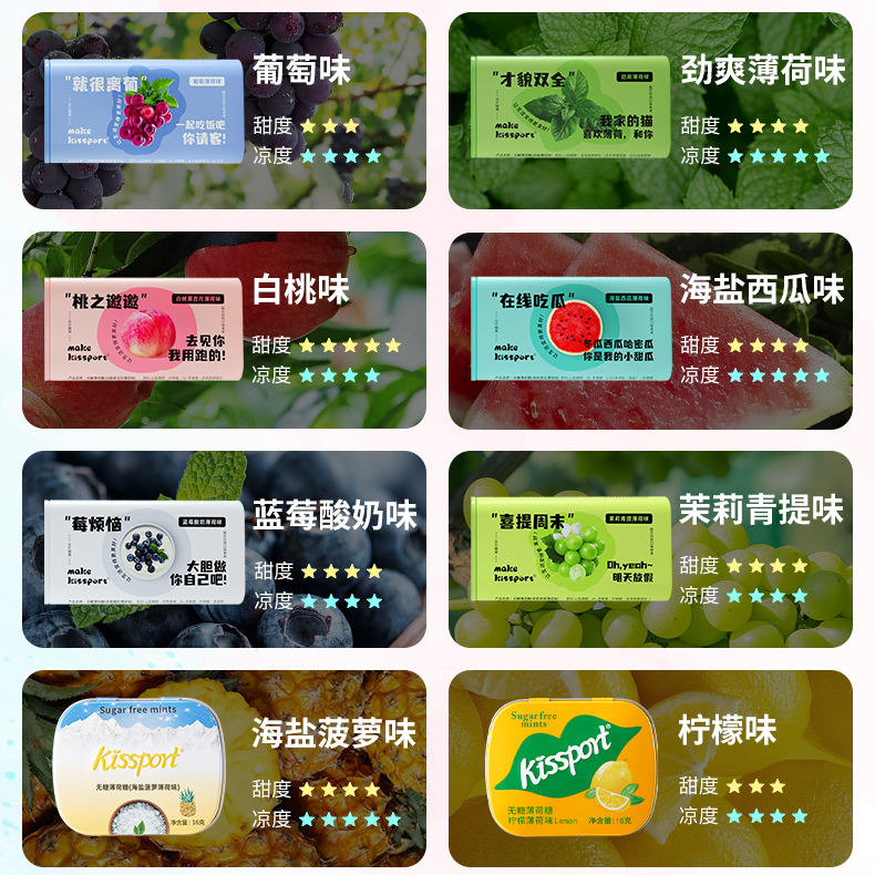 【直播推荐】kissport无糖薄荷糖果味清新糖16g*8盒