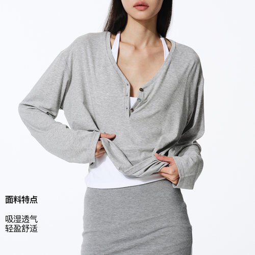 asomesome美式亨利领长袖t恤女夏微透针织罩衫白色慵懒宽松上衣 - 图3