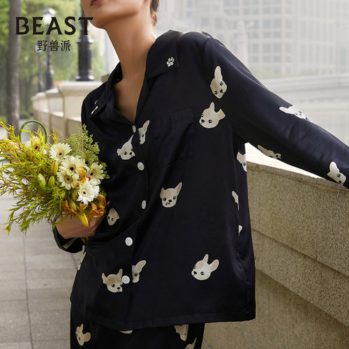明星同款BEAST野兽派日进斗金小奶狗情侣真丝睡衣新婚生日新婚礼 - 图0