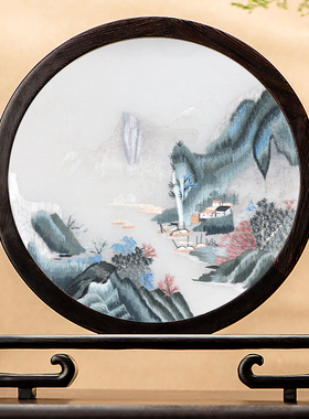 刺绣摆件筛月鸡翅木工艺品客厅