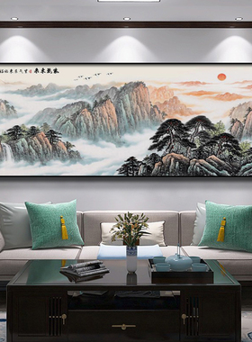 网红画山无客厅装饰公办室背景墙有靠山画图现代新水中式大气挂山