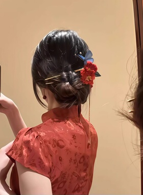 新中式红色花朵发簪女旗袍头饰蝴蝶流苏发夹敬酒服订婚发饰簪子