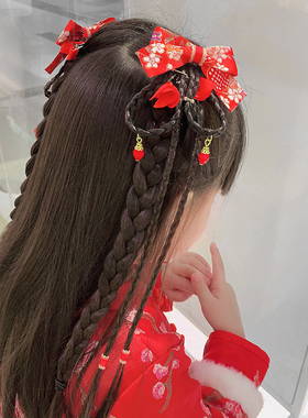 中国风可爱毛球发夹女儿童新年红色蝴蝶结头饰对夹发卡假发辫发饰