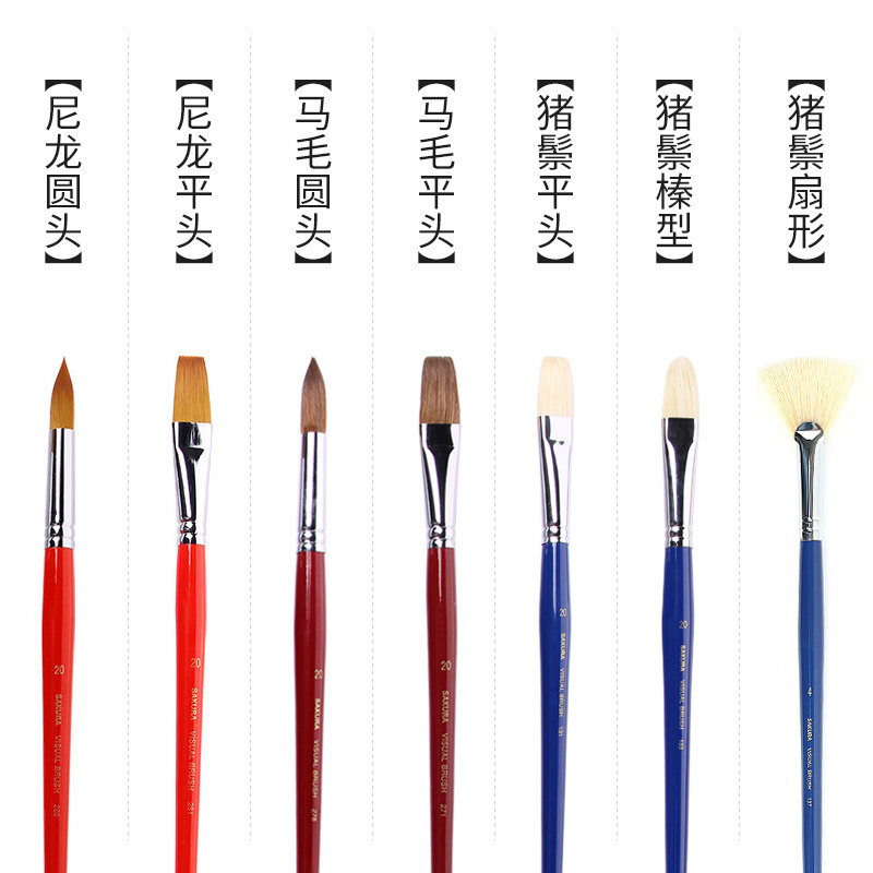 SAKURA樱花水粉笔套装美术专用水彩画笔油画笔笔排笔扇形画笔颜料刷子色彩丙烯专用笔马毛尼龙猪鬃毛平头圆头_虎窝淘