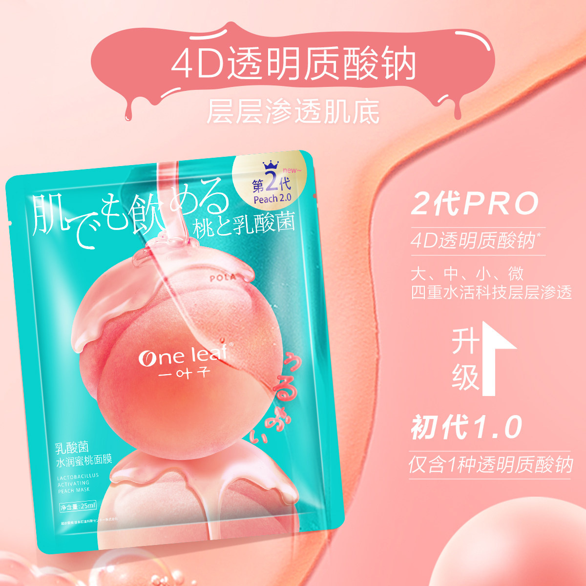 一叶子桃子烟酰胺玻尿酸补水面膜 oneleaf一叶子印美贴片面膜