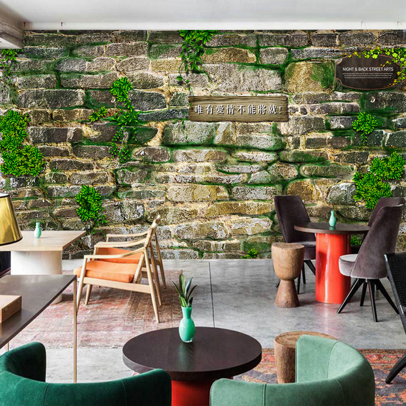 3D立体效果石头图案壁画田园石墙个性餐厅奶茶店装饰墙贴石纹墙布