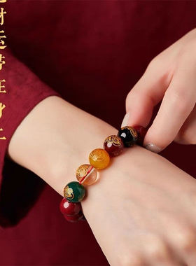 官方五路财神天然原矿朱砂手串男
