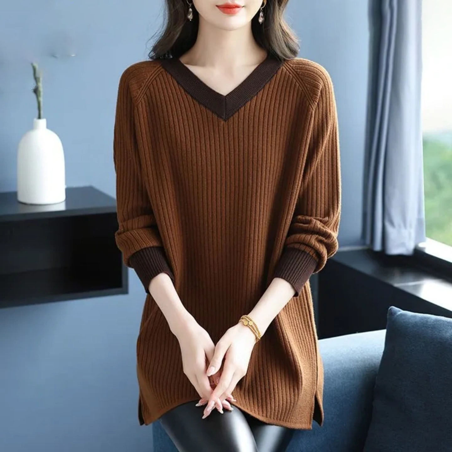 300斤大码时髦宽松遮肉休闲显瘦针织衫胖mm拼色长袖V领拼接毛衣女,淘宝优惠券,粉丝福利购,淘宝优惠卷