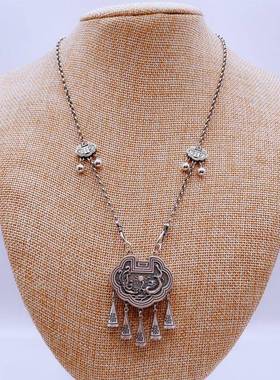 龙凤呈祥流苏锁吊坠男女复古做旧双面浮雕吉祥如意锁项链