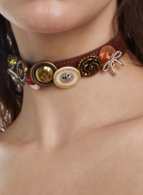 美式复古皮带纽扣项链y2k辣妹锁骨链 性感气质项圈女度假旅行狠货