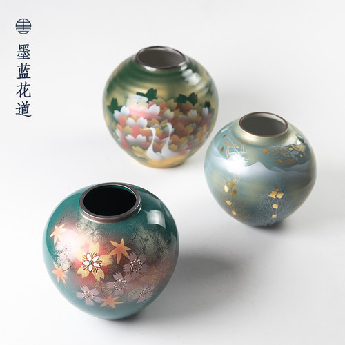 日本进口九谷烧彩绘陶瓷罐花器日式插花器皿客厅艺术收藏花瓶摆件_虎窝淘