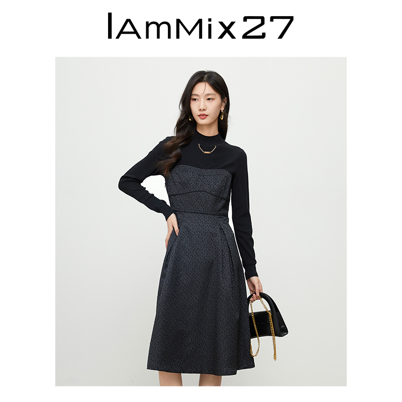 IAmMIX27秋冬半高领连衣裙女长袖修身显瘦黑色针织假两件中长裙子