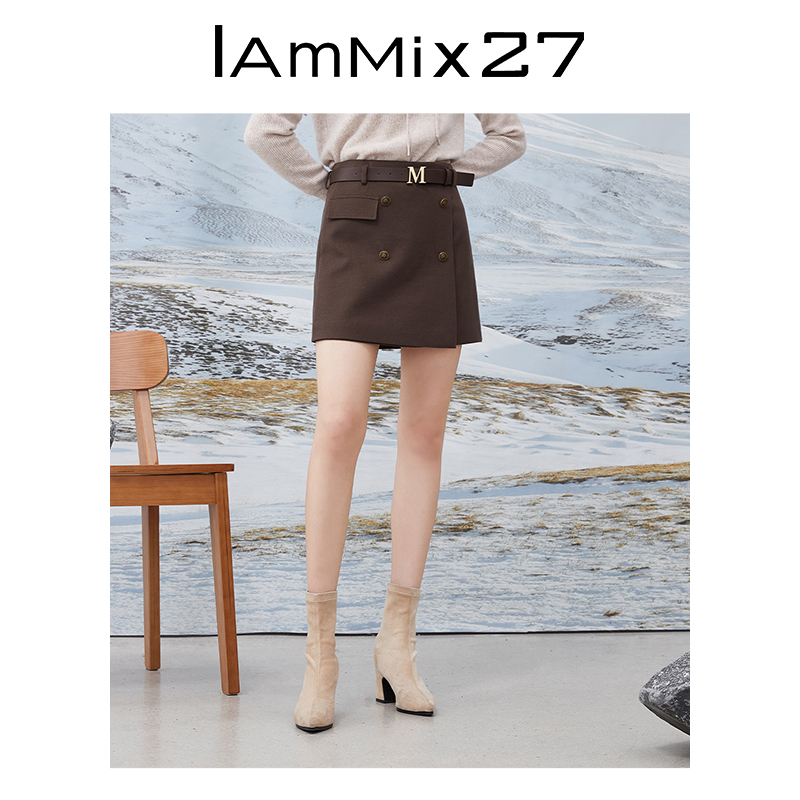 IAmMIX27高腰半身裙女秋冬个性不对称围裹式毛呢拼接A字裙女短裙