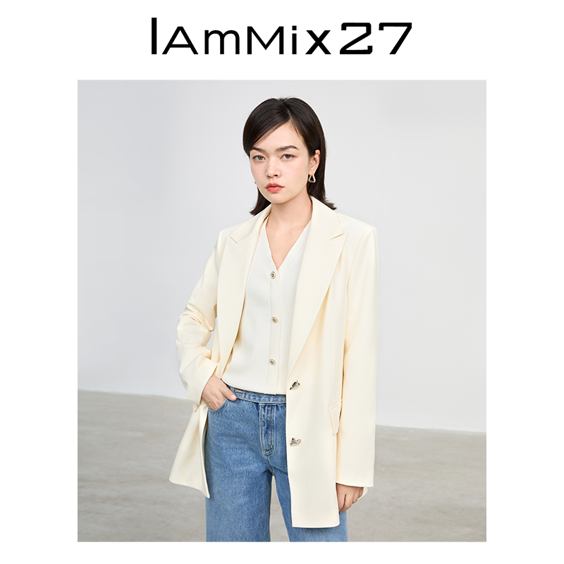 IAmMIX27秋冬西装外套女简约宽松大廓形通勤百搭米色长袖西服外套