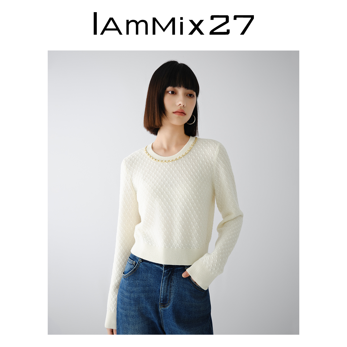 IAmMIX27春秋圆领毛衫女长袖短款内搭显瘦叠穿绵羊毛套头针织衫女 - 图2