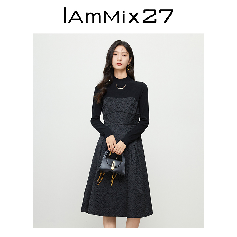 IAmMIX27秋冬半高领连衣裙女长袖修身显瘦黑色针织假两件中长裙子