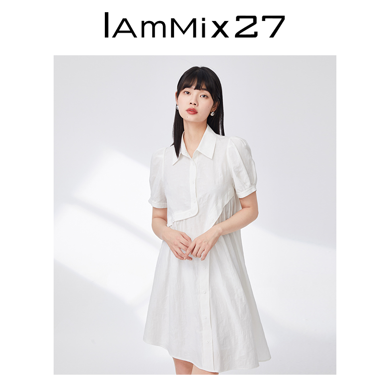 IAmMIX27全棉翻领连衣裙女个性不对称拼接绣花宽松减龄泡泡袖裙子 - 图2