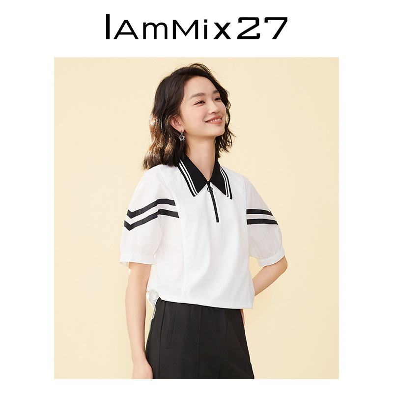 IAmMIX27夏季套头上衣女短款宽松休闲条纹拼接polo领针织衫女短袖 - 图0