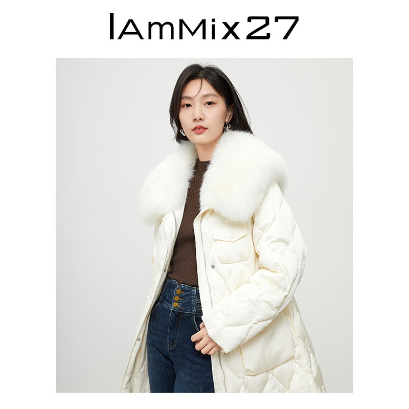 IAmMIX27冬季白色大毛领羽绒服女宽松中长款加厚保暖狐狸毛领外套