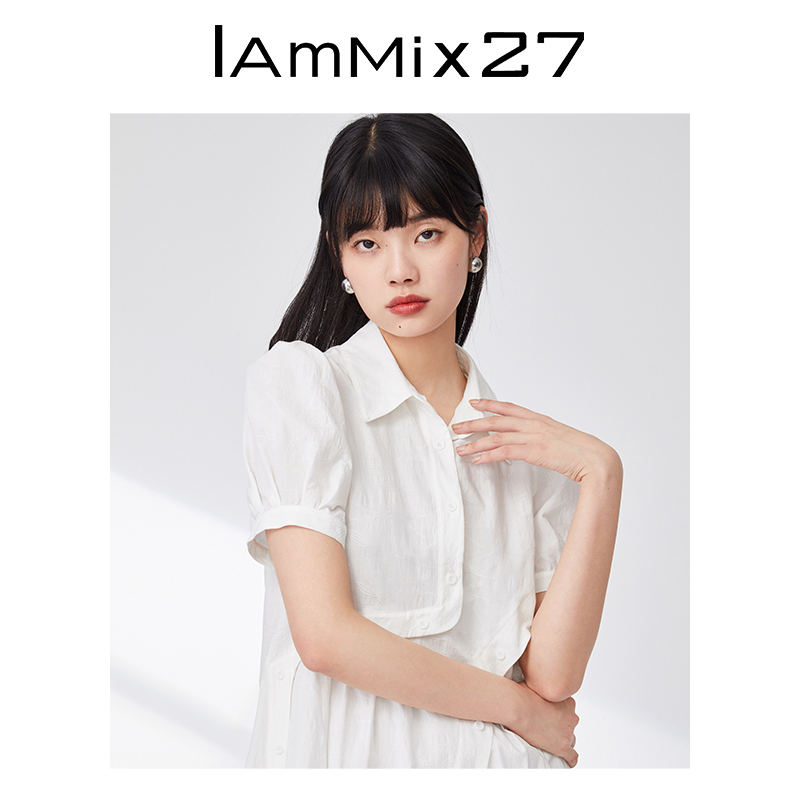 IAmMIX27全棉翻领连衣裙女个性不对称拼接绣花宽松减龄泡泡袖裙子 - 图1