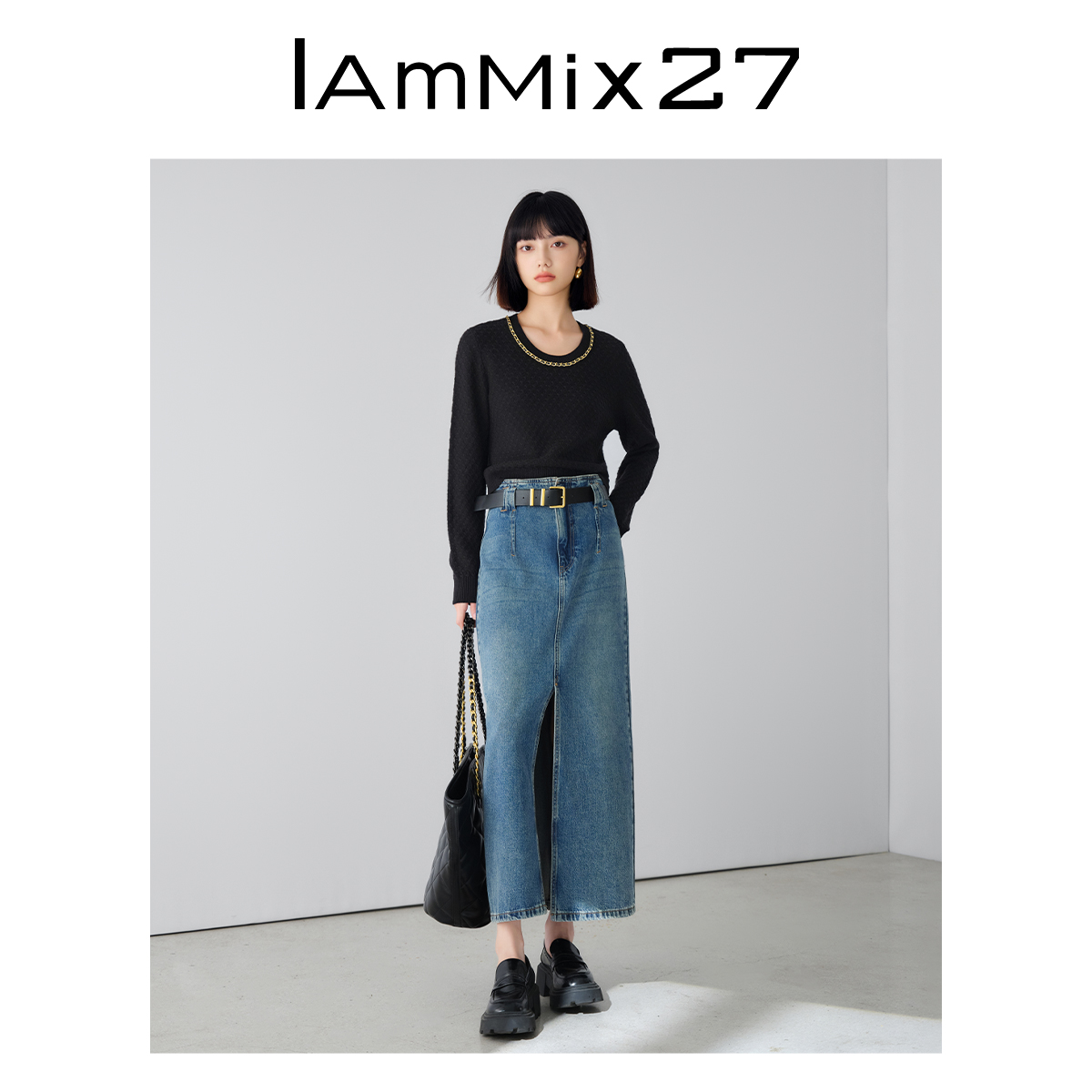 IAmMIX27春秋圆领毛衫女长袖短款内搭显瘦叠穿绵羊毛套头针织衫女 - 图3