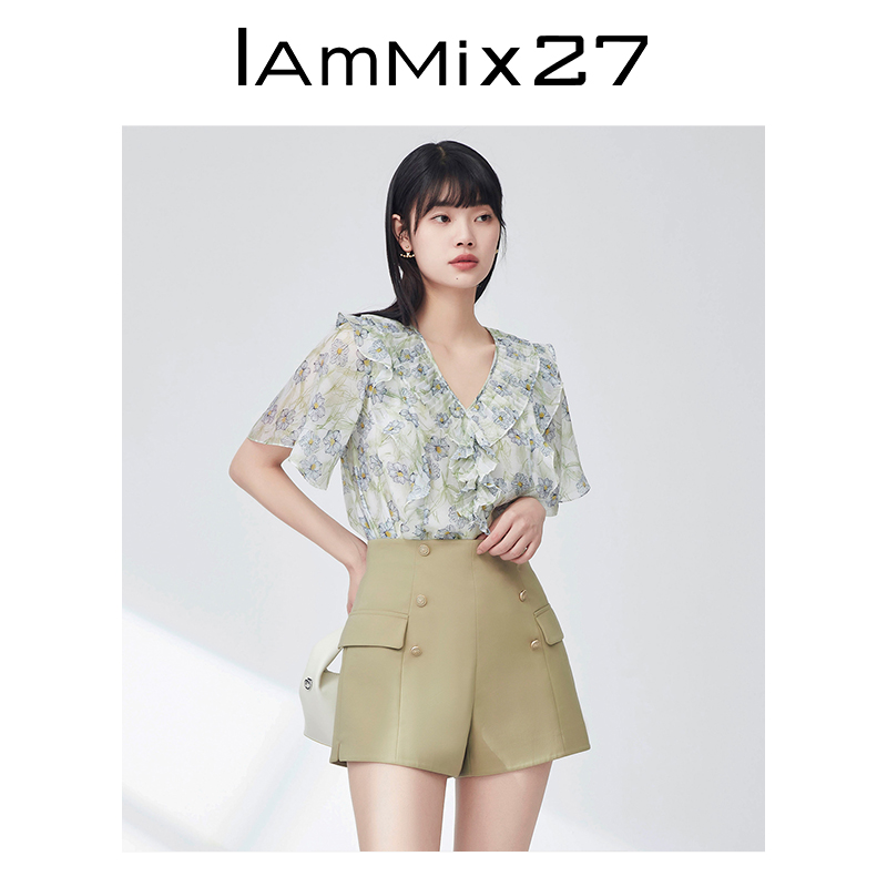 IAmMIX27夏季短袖V领雪纺衫女宽松薄款法式荷叶边套头碎花上衣女-图2