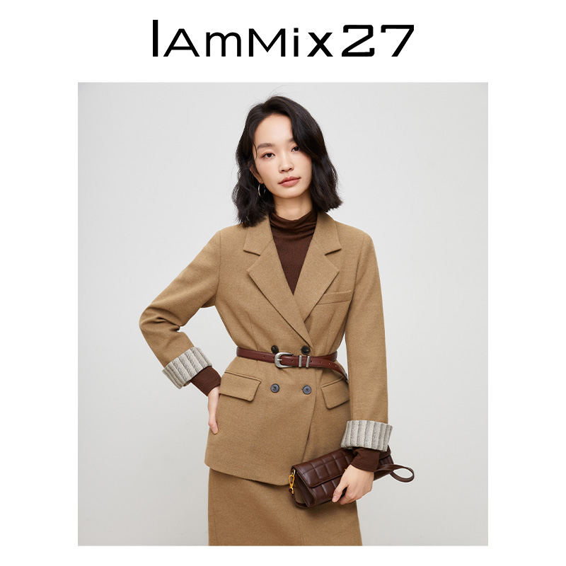 IAmMIX27冬季夹棉毛呢西服外套女宽松加厚OL休闲美拉德棉衣小西装 - 图1