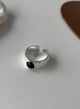 几何宽口熔岩纹理黑玛瑙戒指女简约小众设计高级感指环百搭食指戒