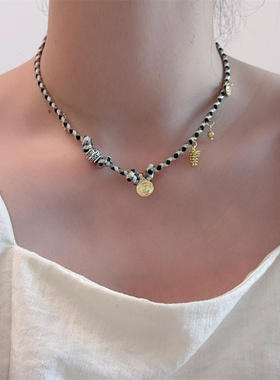 黑色玛瑙花朵项链女时尚树叶个性