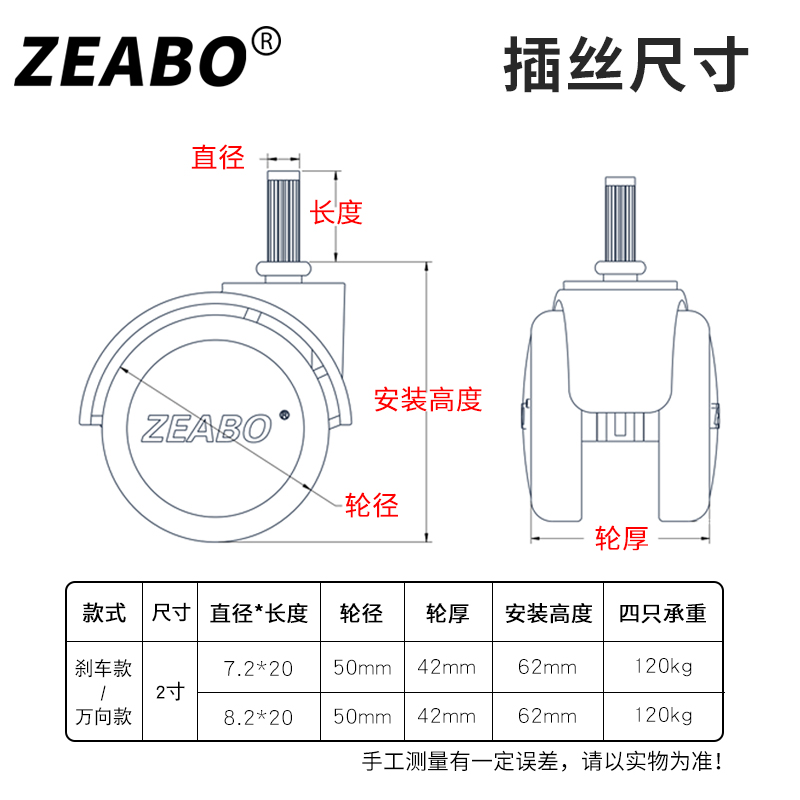 (4只装)7/8mm竖纹插丝轮直插式万向轮带刹车洗脚桶小家具用小轱辘