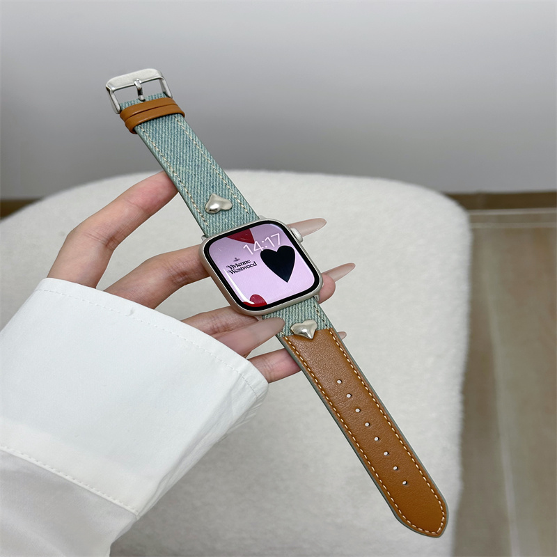 适用applewatch彩色手绘牛仔表带iWatchS10潮流时尚表带皮带9/8/7/6秋冬苹果手表SE女复古小众皮腕带46mm45mm