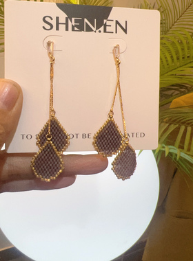 2025春夏新品波西米亚风米珠小众雨滴水滴耳环项链磨砂紫耳环套装