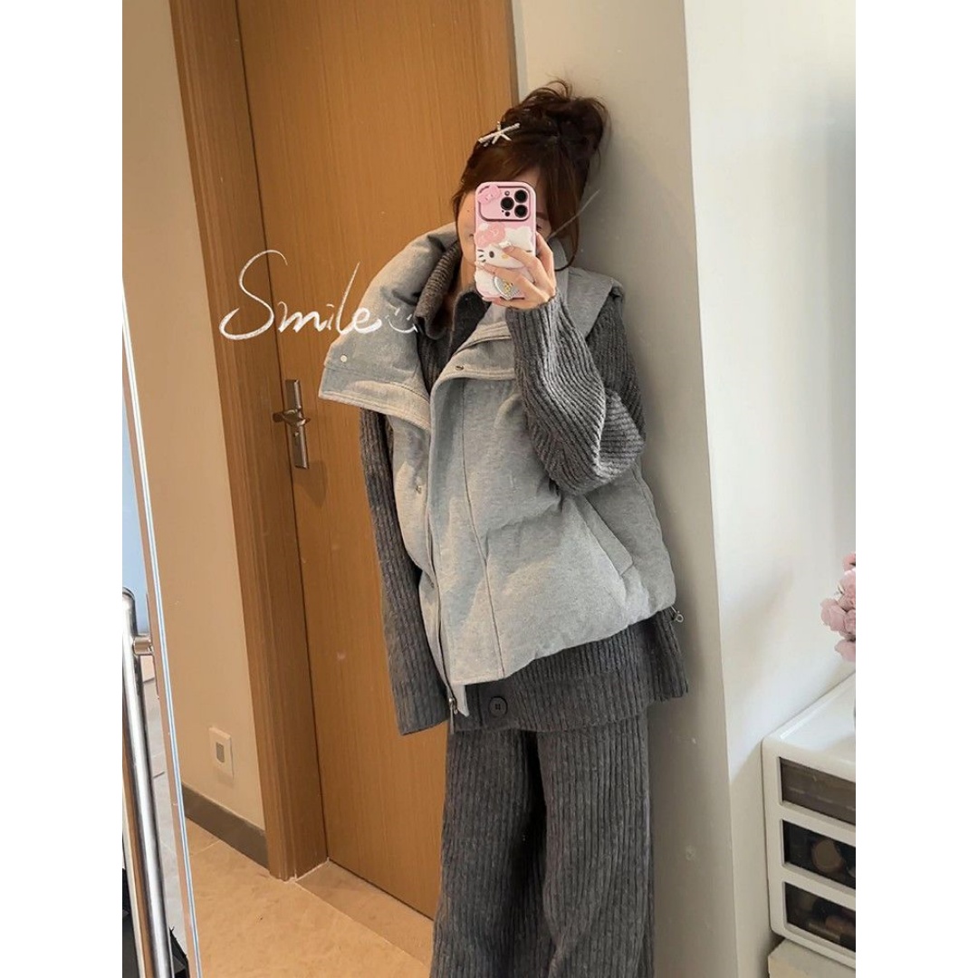 冬季韩系复古慵懒灰色翻领毛衣开衫搭配加厚保暖立领棉服马甲套装 - 图2