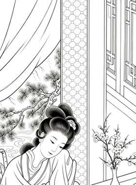 工笔画底稿工笔人物仕女图竖幅参考白描76#打印稿宣纸稿