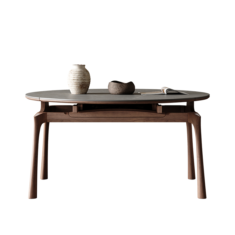 极简伸缩岩板餐桌方圆两用全托设计师款北欧家用小户型实木圆桌 - 图3