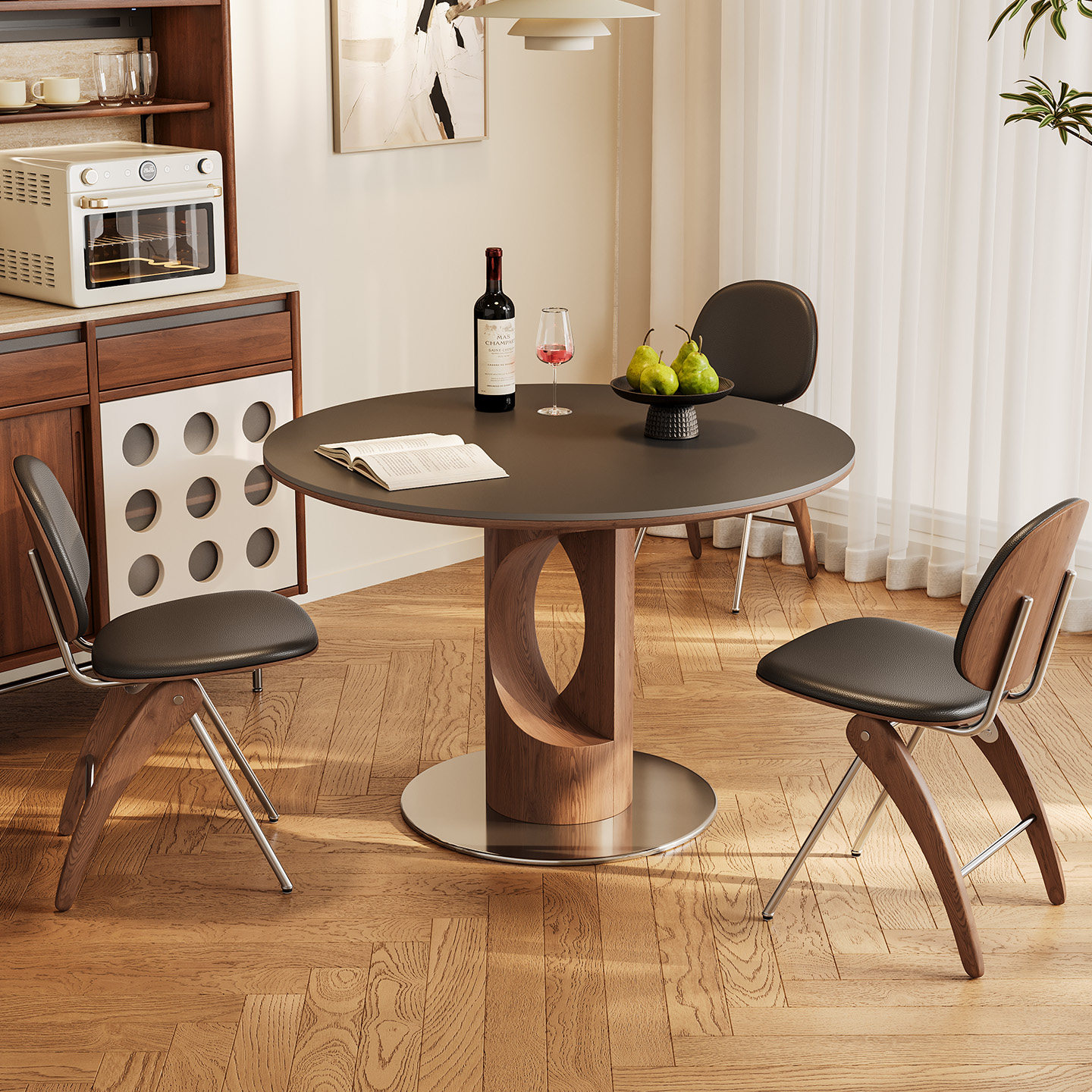 奥古斯特实木餐桌圆桌中古风家用小户型新款1米圆形黑色岩板餐桌,淘宝优惠券,粉丝福利购,淘宝优惠卷