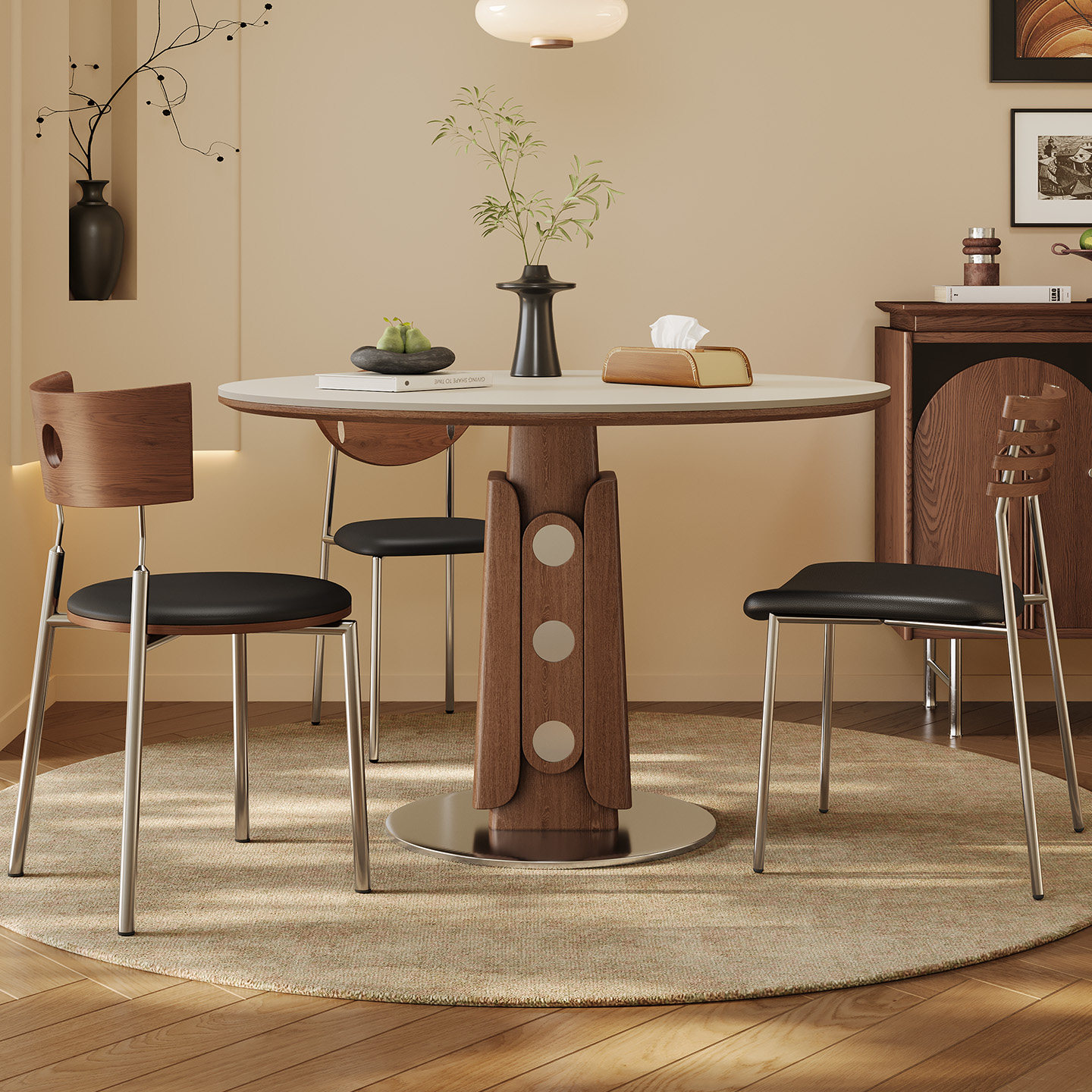 实木餐桌中古风胡桃木色小户型餐厅家用圆桌2026新款哑光岩板餐桌,淘宝优惠券,粉丝福利购,淘宝优惠卷