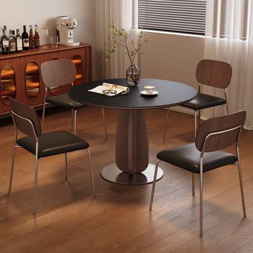 实木餐桌圆形小户型家用现代简约洽谈桌中古风胡桃色黑色岩板餐桌 - 图1