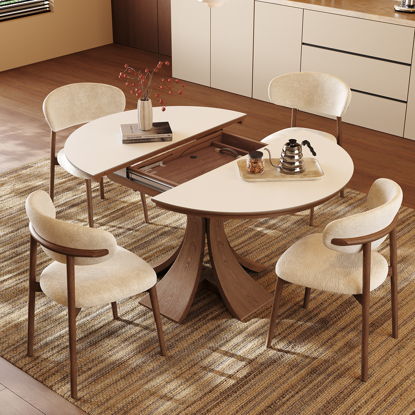 岩板餐桌可伸缩中古风家用小户型折叠长桌现代简约可变圆实木餐桌,淘宝优惠券,粉丝福利购,淘宝优惠卷