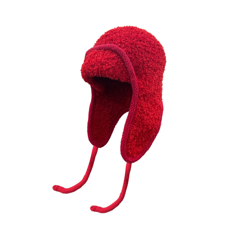 大头围毛绒飞行帽防风护耳雷锋帽红色保暖防寒大号大码针织毛线帽