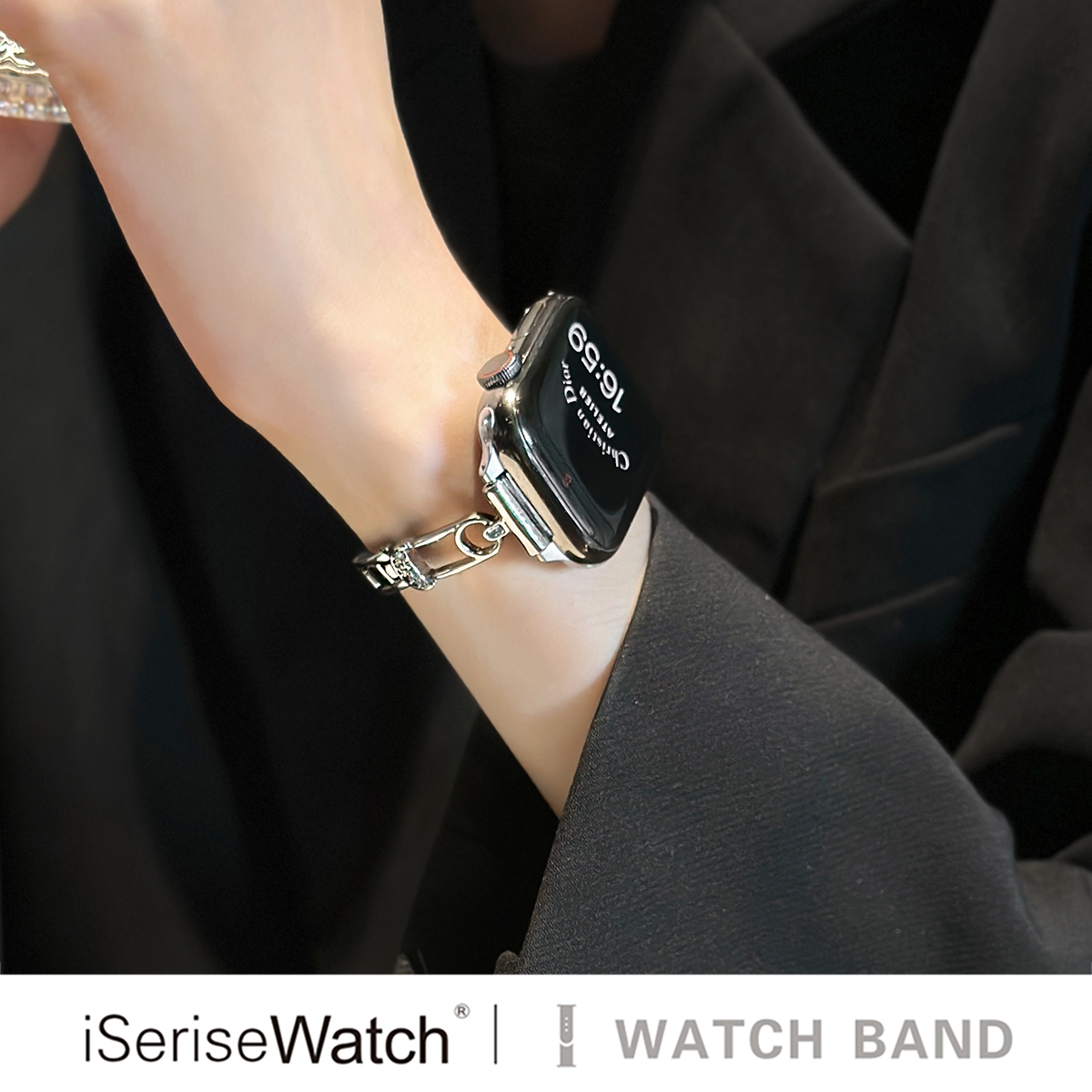 iserisewatch适用iWatchs10表带苹果手表s11金属applewatch9新款夏透气SE别针镶钻链式女高级41mm小众Ultra3 - 图0