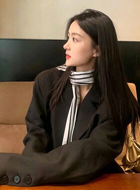 韩系极简黑白条纹细长条丝巾领巾