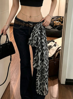 韩系灰色豹纹系腰丝巾百搭腰带女