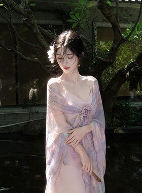 紫色雪纺印花薄款防晒丝巾披肩女