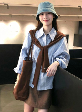 韩系简约早秋咖色针织假领披肩女