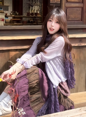 紫色褶皱碎花棉麻丝巾护脖围巾女