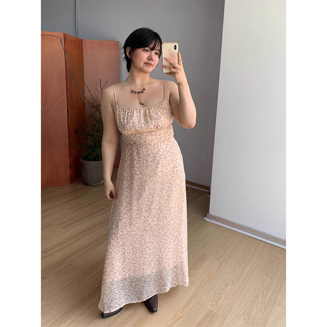 FishCake plus size fat pink style ວັນພັກຜ່ອນ floral suspender dress ຂອງແມ່ຍິງ slim ແລະ versatile dress