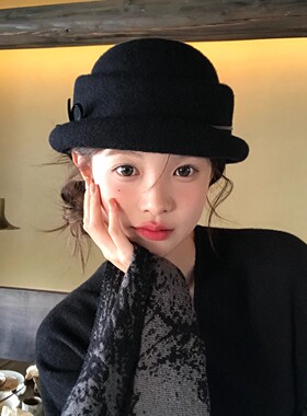 法式复古礼帽女秋冬季黑色优雅